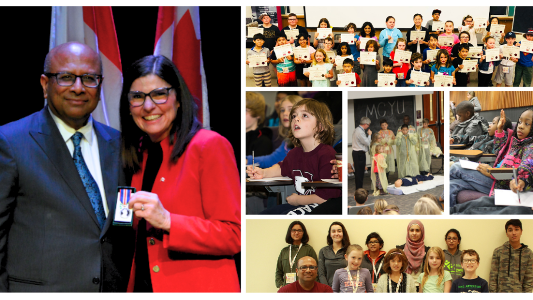 A collage featuring highlights of community engagement and achievements featuring Sandeep Raha receiving a Coronation Medal from Filomena Tassi, in recognition of dedication to children, families, and the community.