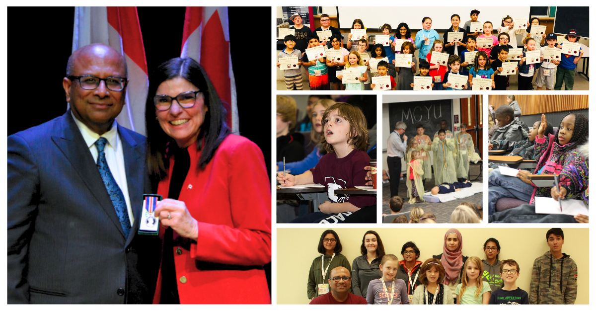 A collage featuring highlights of community engagement and achievements featuring Sandeep Raha receiving a Coronation Medal from Filomena Tassi, in recognition of dedication to children, families, and the community.